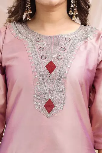 Peach color embroidered art silk party wear kurti set 