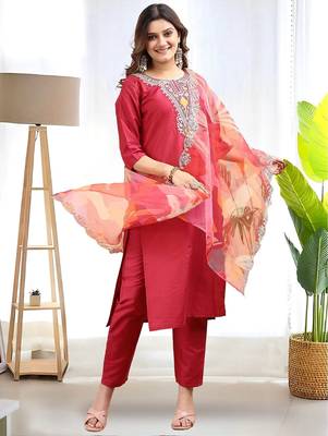 Maroon color embroidered art silk party wear kurti set  2
