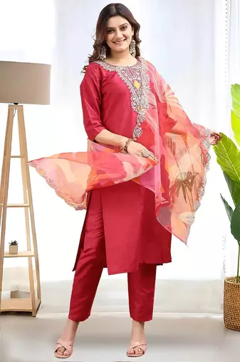 Maroon color embroidered art silk party wear kurti set 