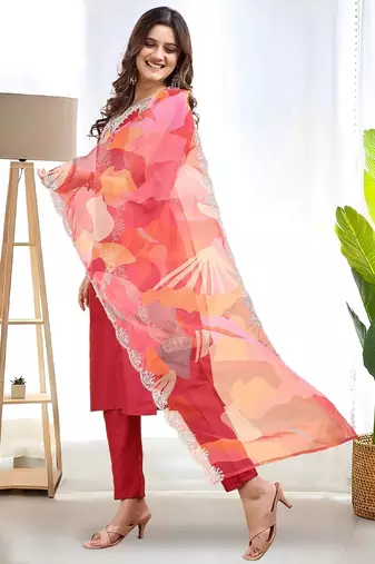 Maroon color embroidered art silk party wear kurti set 