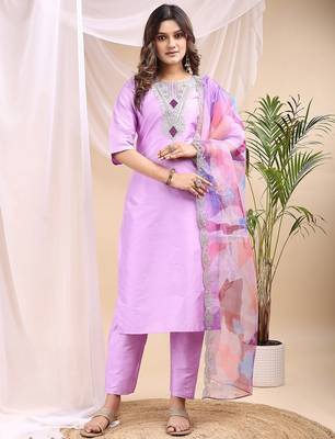 Lavender color embroidered art silk party wear kurti set  1