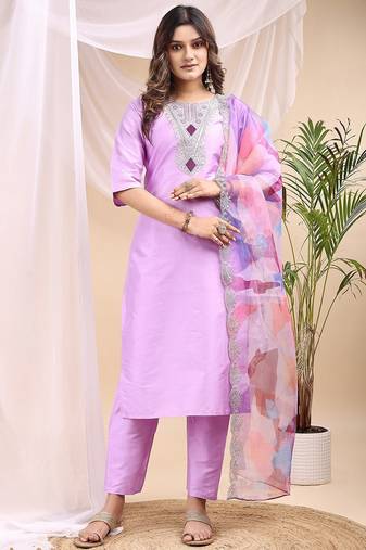 Lavender color embroidered art silk party wear kurti set 