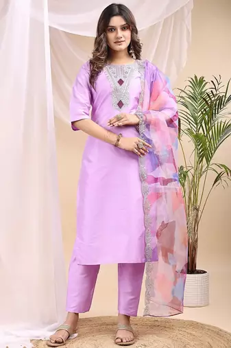 Lavender color embroidered art silk party wear kurti set 