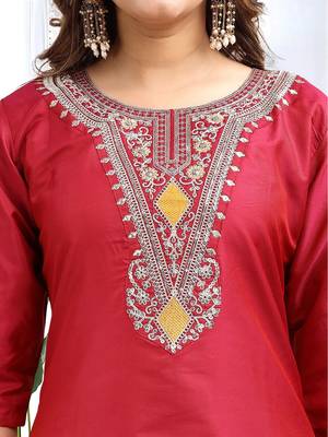 Maroon color embroidered art silk party wear kurti set  4