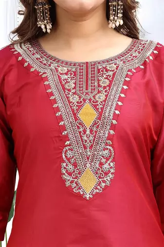 Maroon color embroidered art silk party wear kurti set 