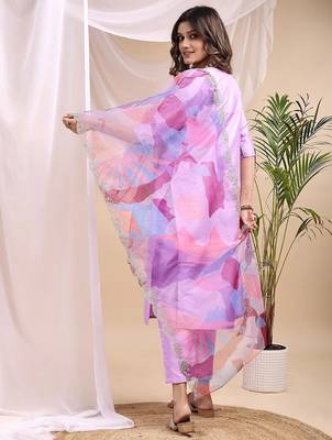 Lavender color embroidered art silk party wear kurti set  2