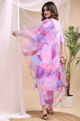 Lavender color embroidered art silk party wear kurti set 