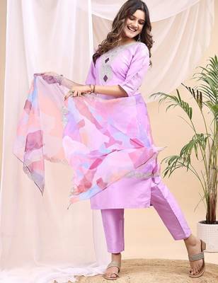 Lavender color embroidered art silk party wear kurti set  3