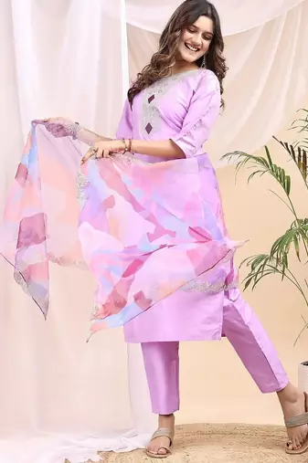 Lavender color embroidered art silk party wear kurti set 