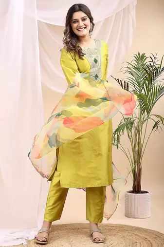Lemon color embroidered art silk party wear kurti set 