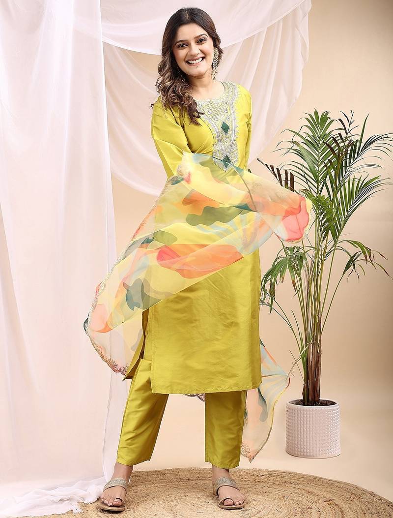 Lemon color embroidered art silk party wear kurti set 