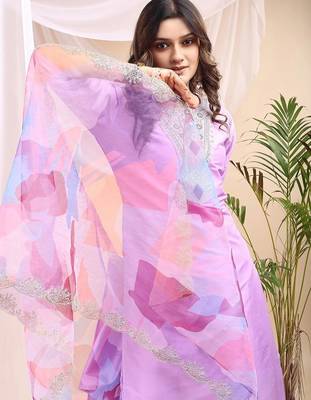 Lavender color embroidered art silk party wear kurti set  4
