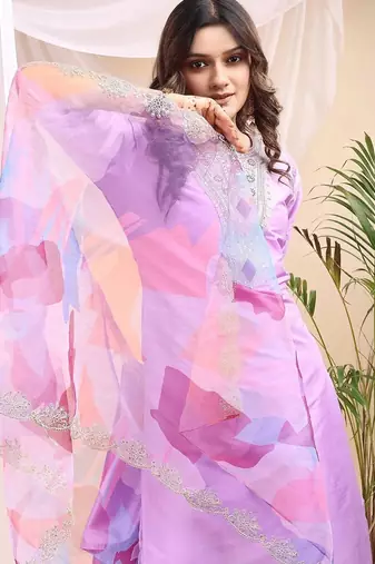 Lavender color embroidered art silk party wear kurti set 