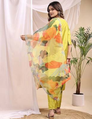 Lemon color embroidered art silk party wear kurti set  2