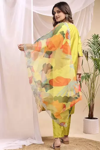 Lemon color embroidered art silk party wear kurti set 