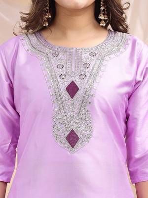 Lavender color embroidered art silk party wear kurti set  5