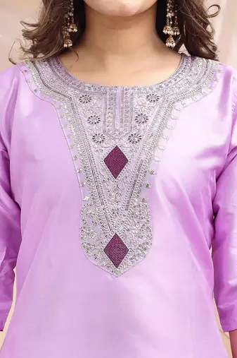 Lavender color embroidered art silk party wear kurti set 