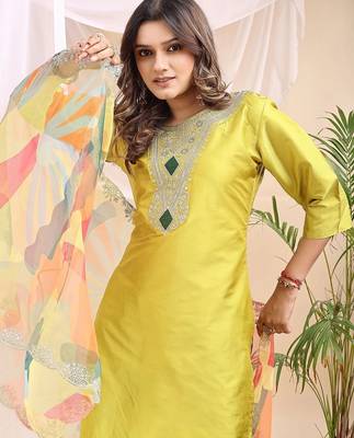 Lemon color embroidered art silk party wear kurti set  3