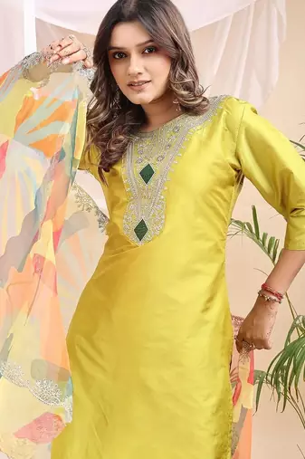 Lemon color embroidered art silk party wear kurti set 