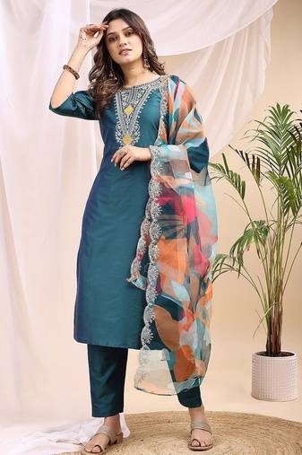 Green color embroidered art silk party wear kurti set 