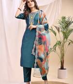 Green color embroidered art silk party wear kurti set 