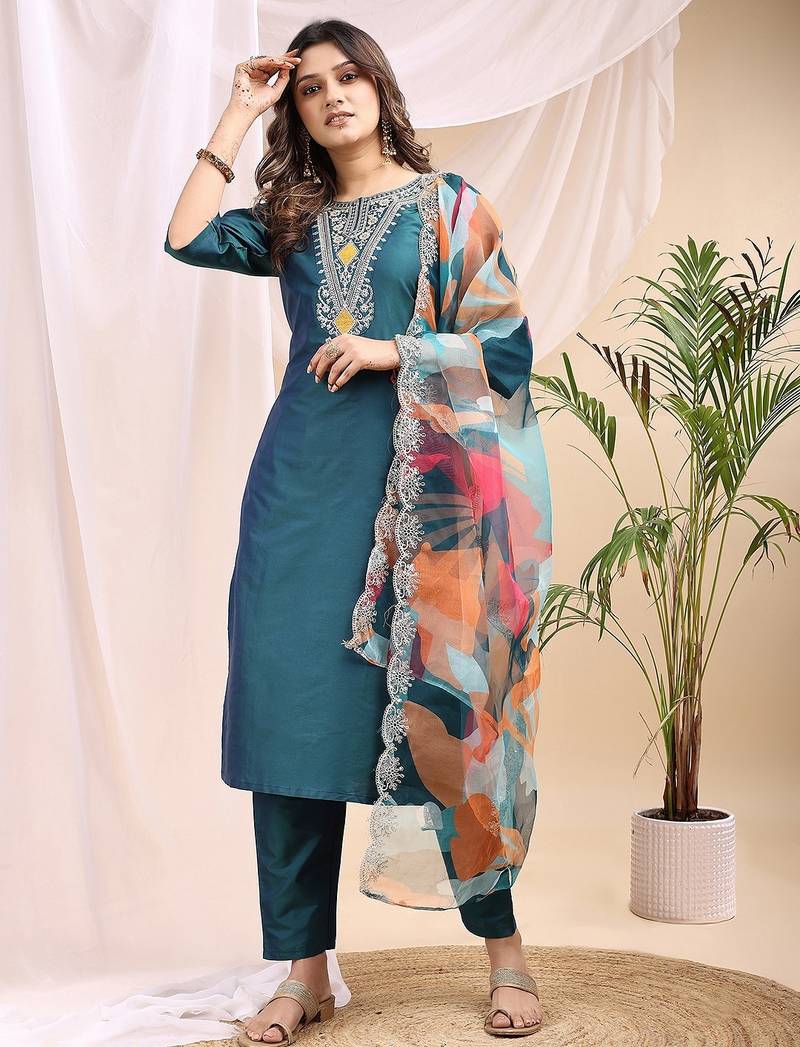 Green color embroidered art silk party wear kurti set 