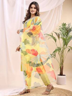 Lemon color embroidered art silk party wear kurti set  4