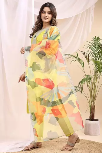 Lemon color embroidered art silk party wear kurti set 