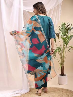 Green color embroidered art silk party wear kurti set  2