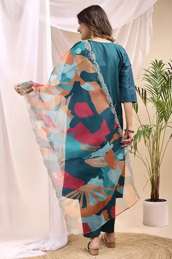 Green color embroidered art silk party wear kurti set 