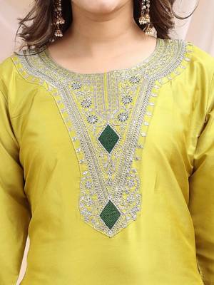 Lemon color embroidered art silk party wear kurti set  5