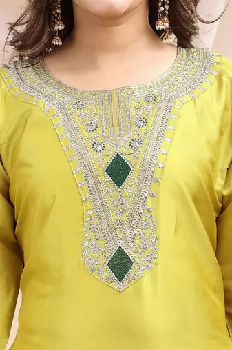 Lemon color embroidered art silk party wear kurti set 