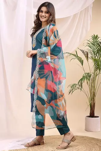Green color embroidered art silk party wear kurti set 
