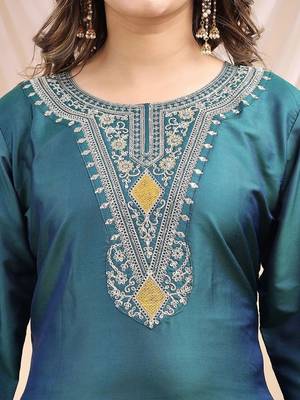 Green color embroidered art silk party wear kurti set  5