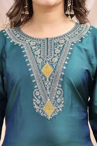 Green color embroidered art silk party wear kurti set 