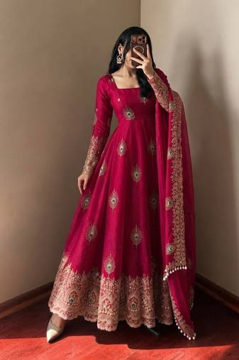 Rani pink designer fendy silk blend gown with sequin embroidered dupatta set