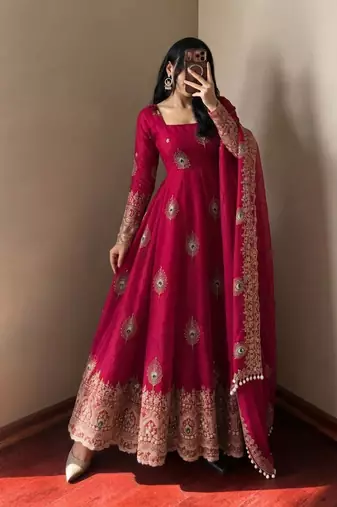 Rani pink designer fendy silk blend gown with sequin embroidered dupatta set