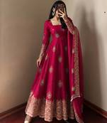 Rani pink designer fendy silk blend gown with sequin embroidered dupatta set