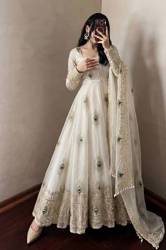 Cream designer fendy silk blend gown with sequin embroidered dupatta set