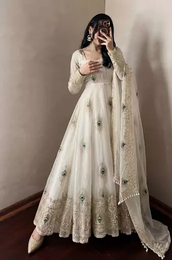 Cream designer fendy silk blend gown with sequin embroidered dupatta set