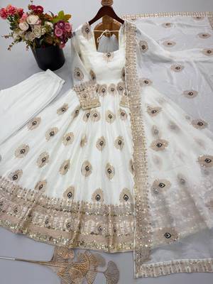 Cream designer fendy silk blend gown with sequin embroidered dupatta set 2