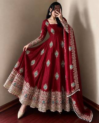 Maroon designer fendy silk blend gown with sequin embroidered dupatta set 1
