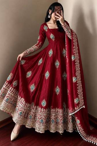 Maroon designer fendy silk blend gown with sequin embroidered dupatta set
