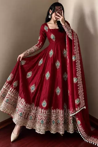 Maroon designer fendy silk blend gown with sequin embroidered dupatta set