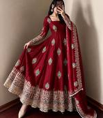 Maroon designer fendy silk blend gown with sequin embroidered dupatta set