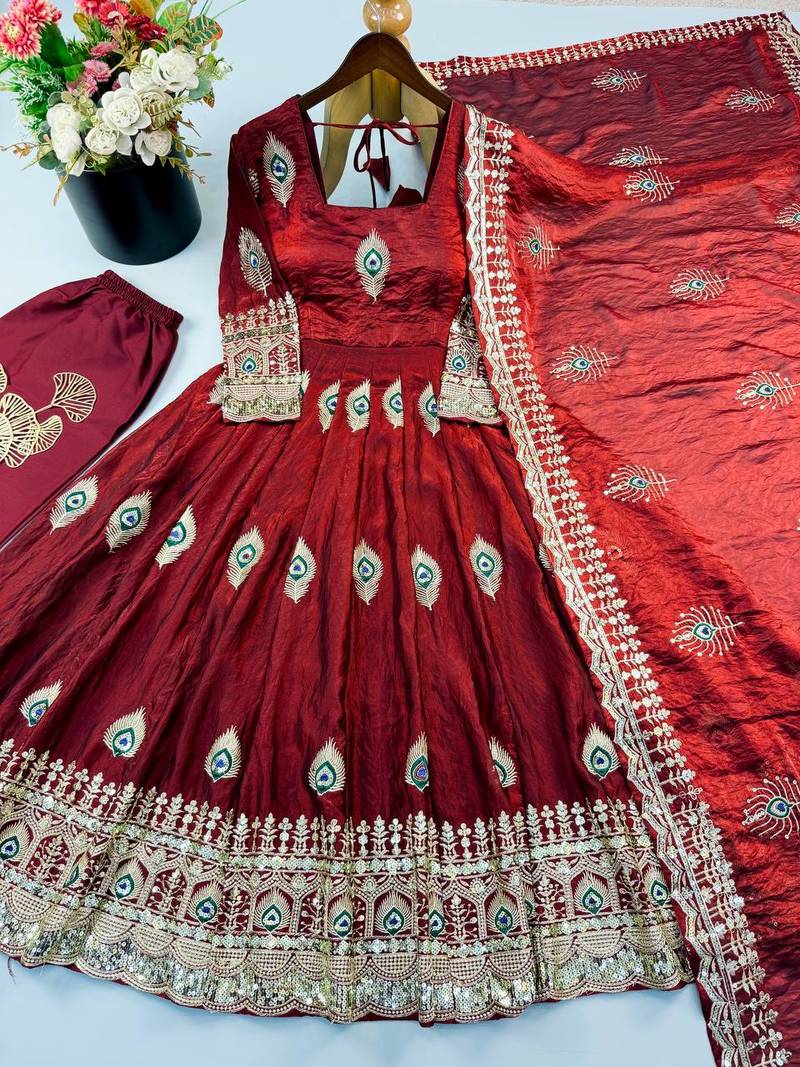 Maroon designer fendy silk blend gown with sequin embroidered dupatta set