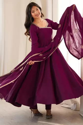 Wine roman chanderi silk blend angrakha anarkali suit set