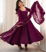 Wine roman chanderi silk blend angrakha anarkali suit set