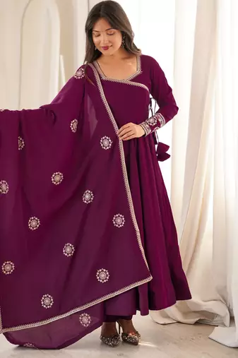 Wine roman chanderi silk blend angrakha anarkali suit set