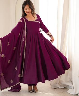 Wine roman chanderi silk blend angrakha anarkali suit set 3